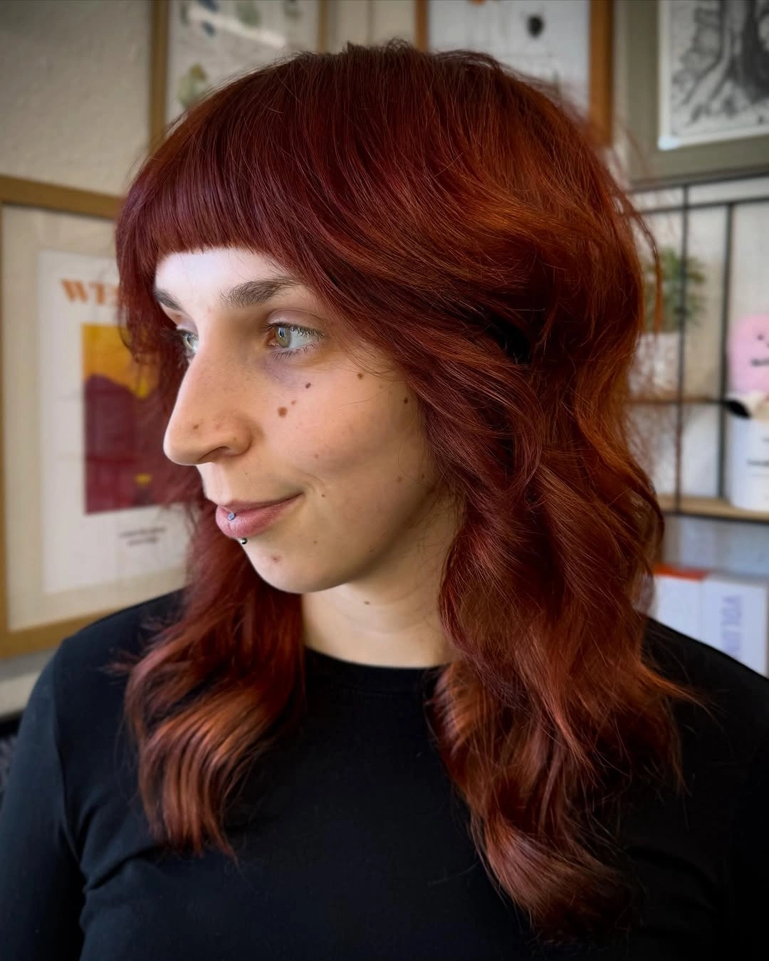 choppy medium layered hair Velvet Copper Layers with Sculpted Micro Bangs