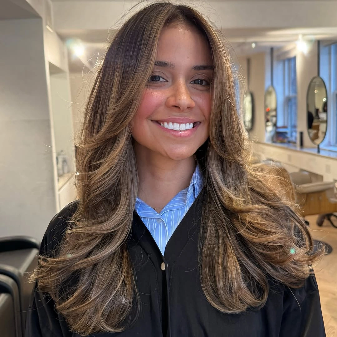 dimensional brunette hair color Layered Brunette Blowout With Beige Face Frame