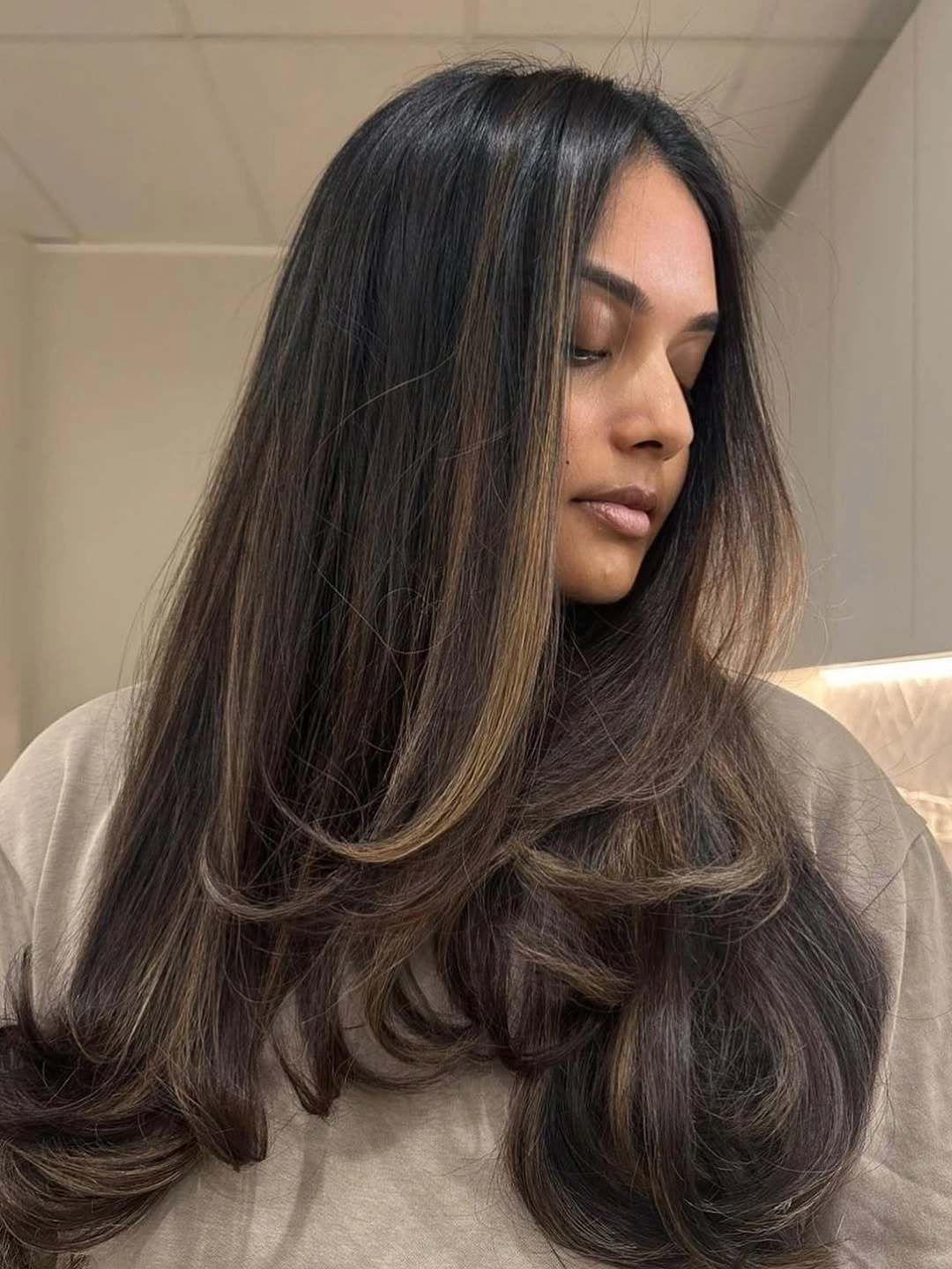 dimensional brunette hair color Long Dark Brunette Layers With Soft Ribbons