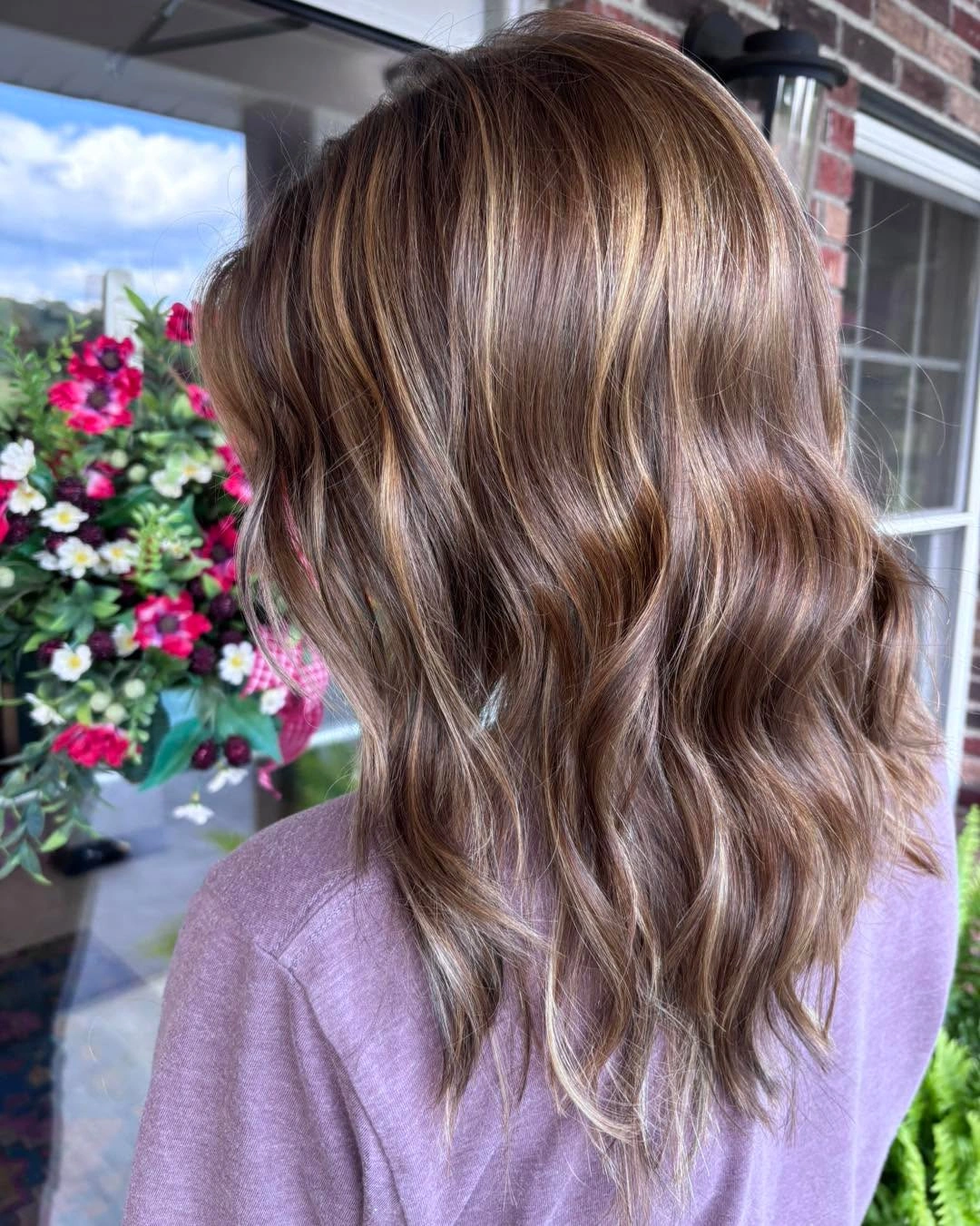 dimensional brunette hair color Back-Side Brunette Waves With Blonde Ribbons