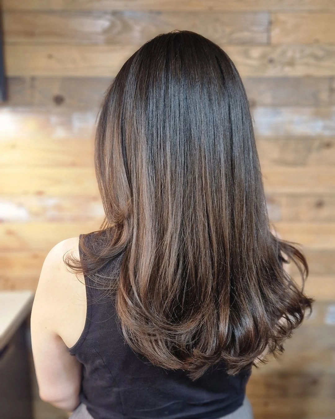 dimensional brunette hair color Back View Straight Brunette Layers With Soft Ribbons