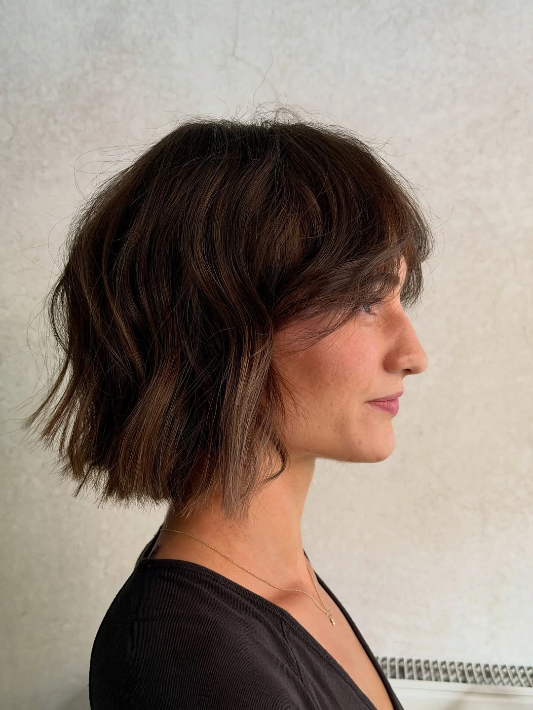 dimensional brunette hair color Short Textured Brunette Bob With Piecey Movement