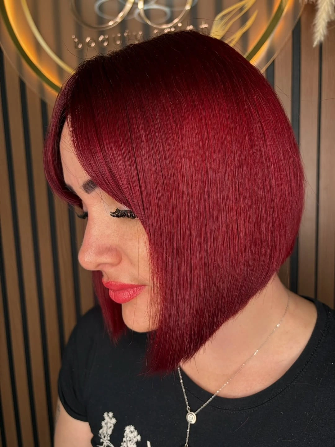 fall bob haircut ideas 2026 Rich Cherry Red Angled Bob That Steals the Spotlight