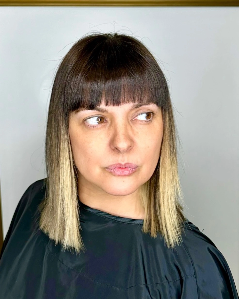 fall bob haircut ideas 2026 Soft Ombre Bob With Blunt Bangs for a Playful Fall Refresh