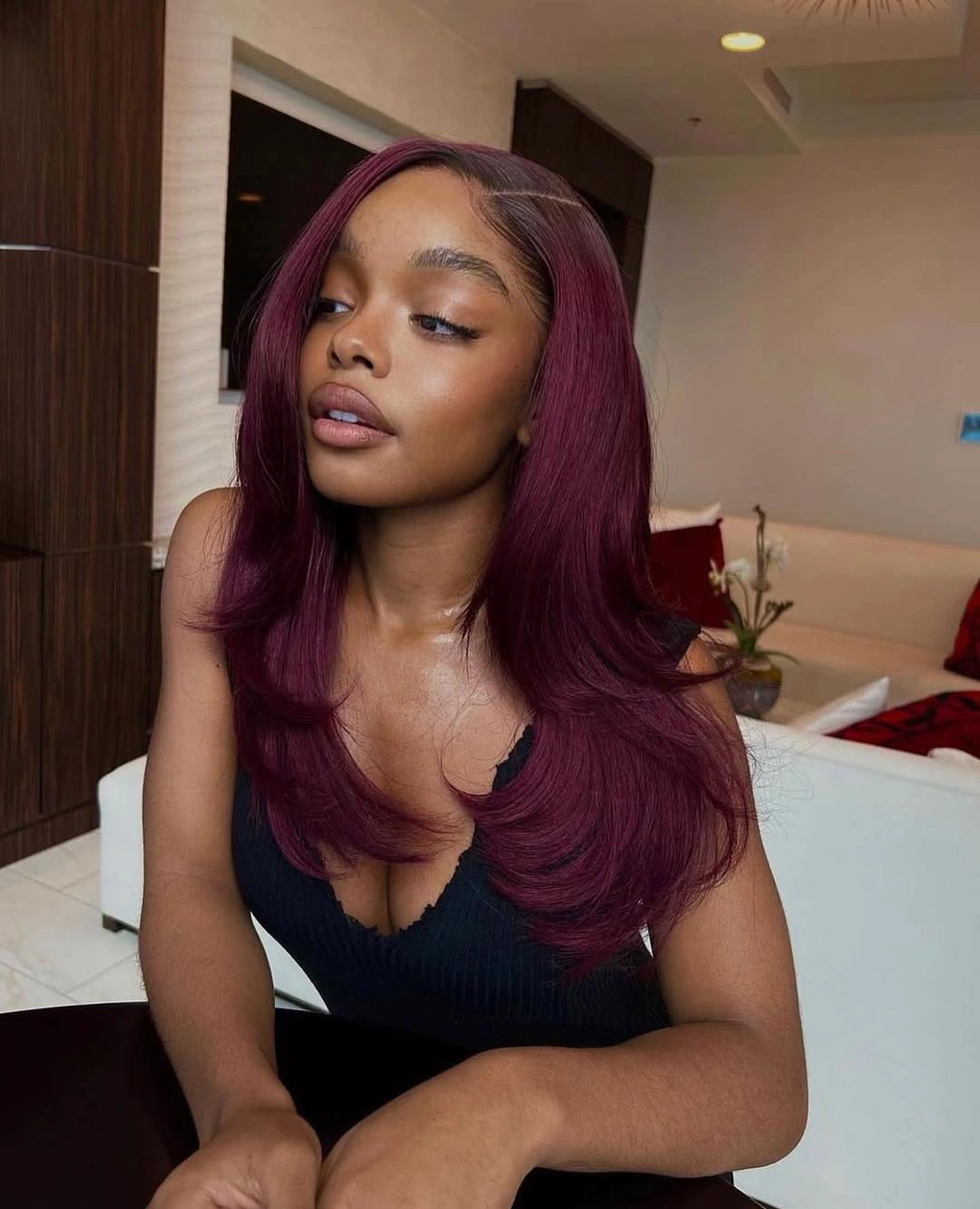 fall hair colors for black women 2026 Deep Burgundy Layers Made for Sweater Weather