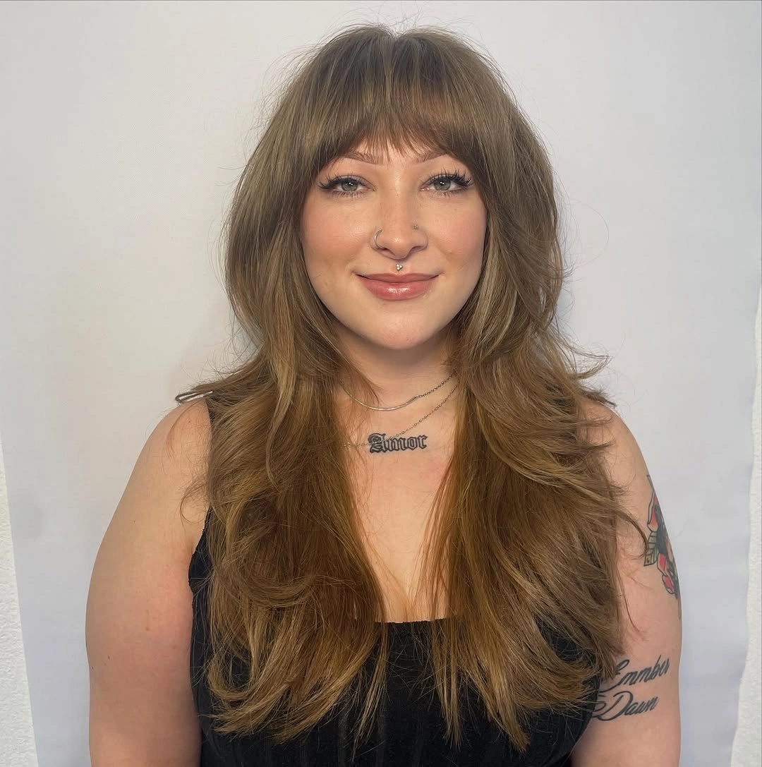fall hairstyles for long hair 2026 Soft Mushroom Brunette Layers With Full Curtain Bangs