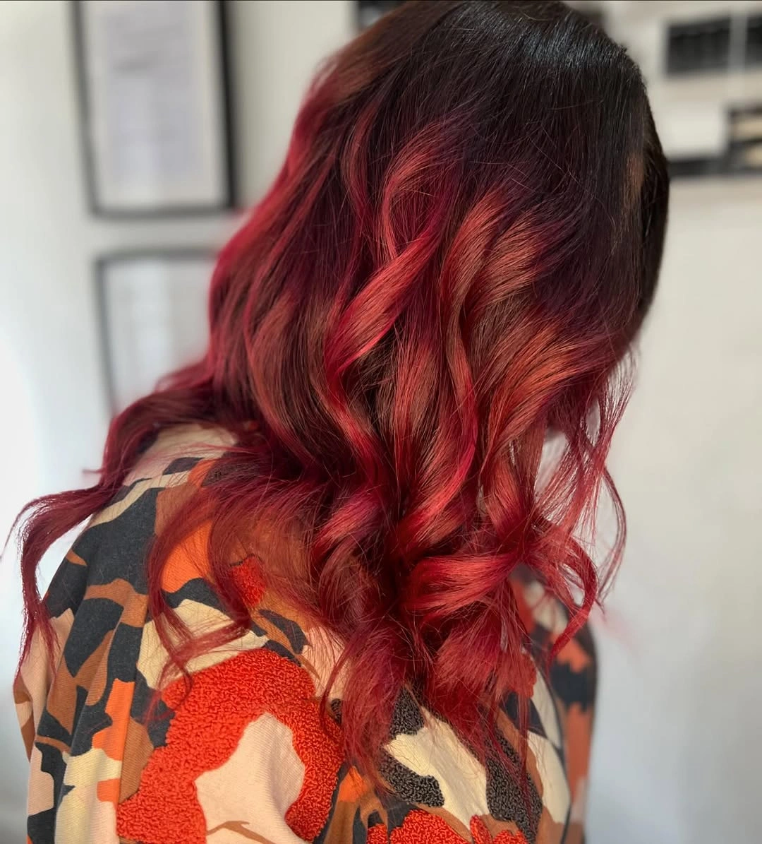 fall hairstyles for long hair 2026 Crimson Velvet Waves With Dramatic Color Melt