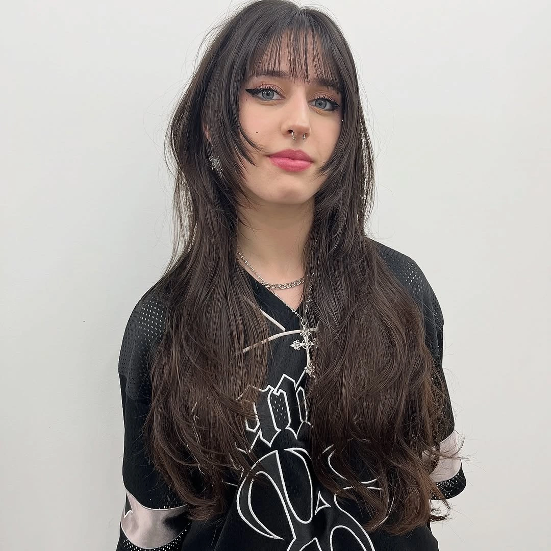 fall hairstyles for long hair 2026 Airy Espresso Layers With Soft Wispy Bangs
