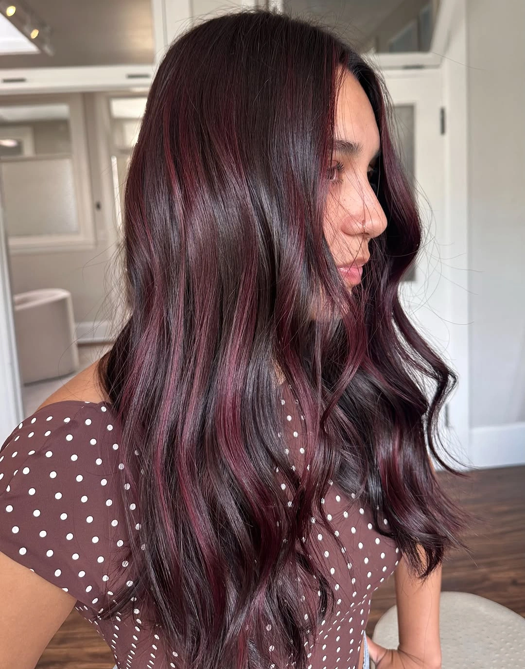 fall hairstyles for long hair 2026 Black Cherry Velvet Waves With Dimensional Shine