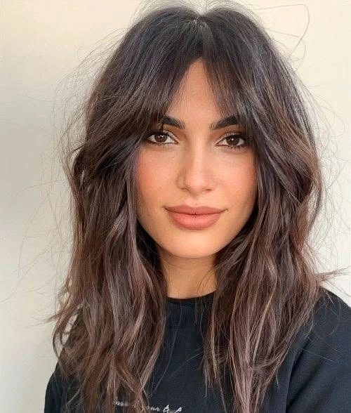 Fall hairstyles for office 2026 Long Layered Brunette with Airy Curtain Fringe