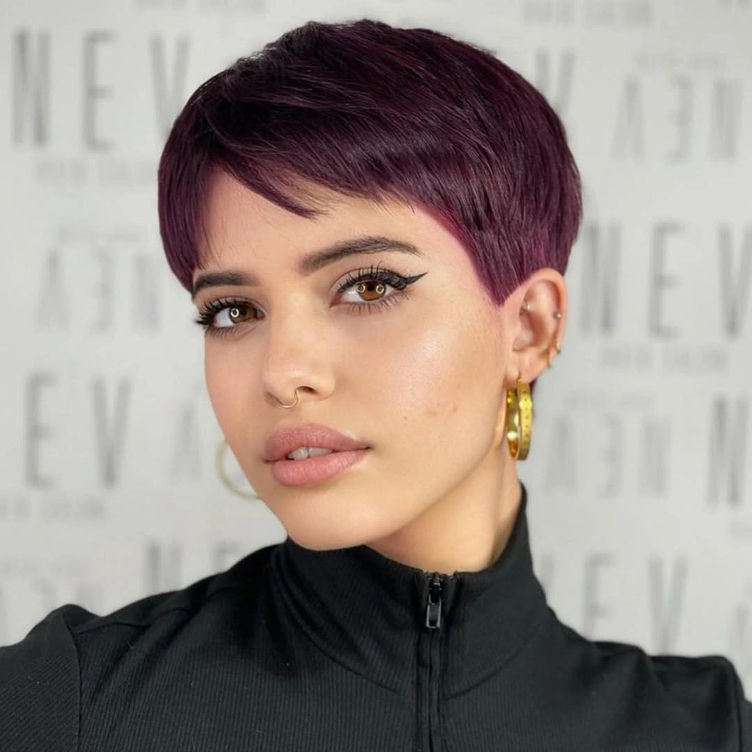 Fall hairstyles for short hair 2026 Deep Plum Pixie With Modern Edge