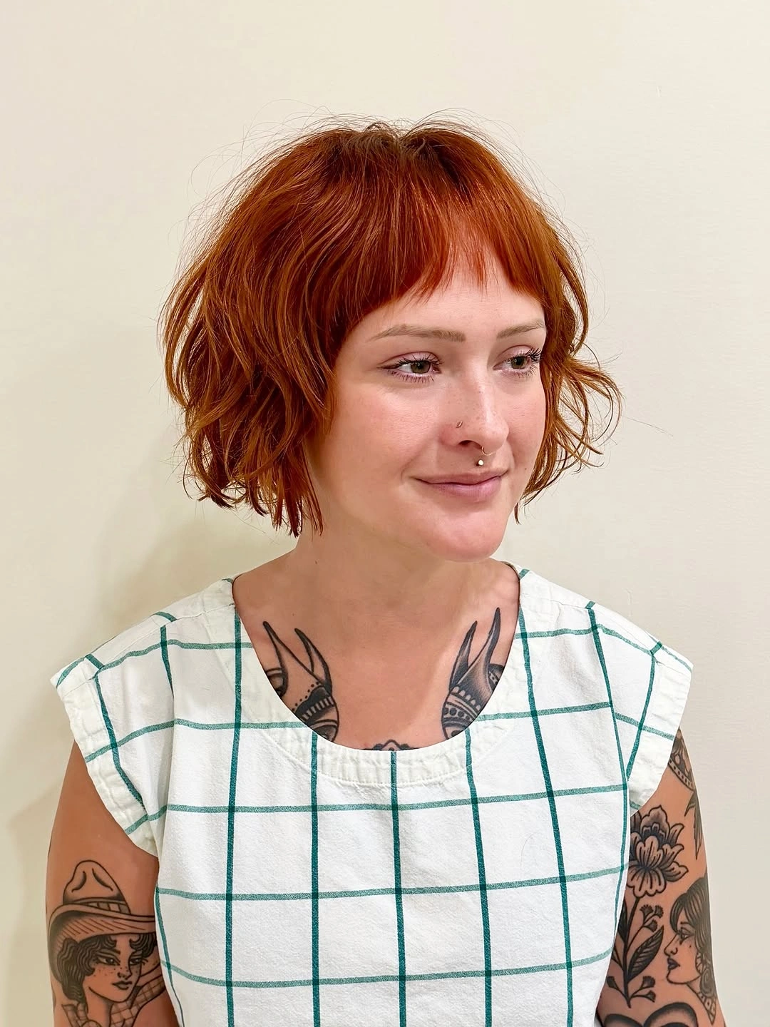 fall short haircuts 2026 Soft Copper French Bob With Wispy Micro Bangs