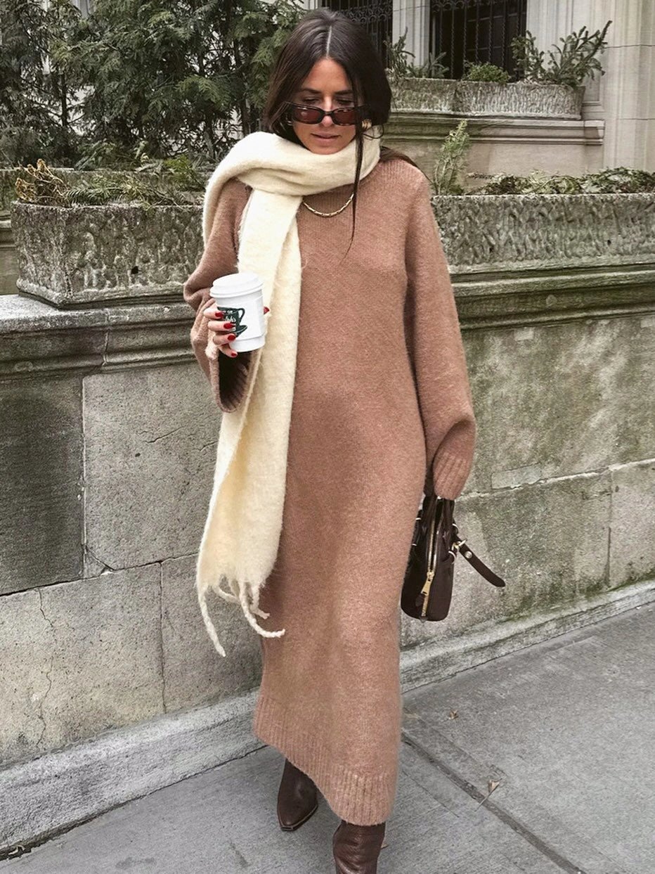 fall sweater dress outfits 2026 Elegant Neutral Knit Dress With a Cozy Scarf