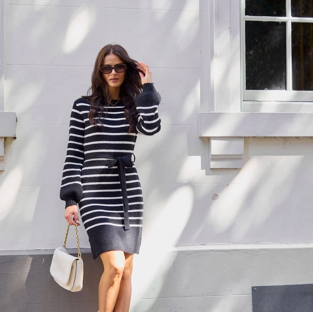 fall sweater dress outfits 2026 Striped Sweater Dress With Parisian Charm