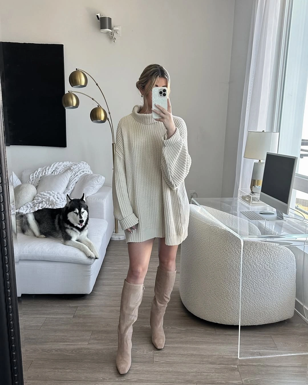 fall sweater dress outfits 2026 Oversized Cream Sweater Dress With Tall Suede Boots