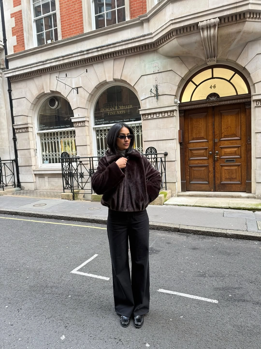 faux fur jacket Dark Brown Faux Fur Jacket With Black Trousers