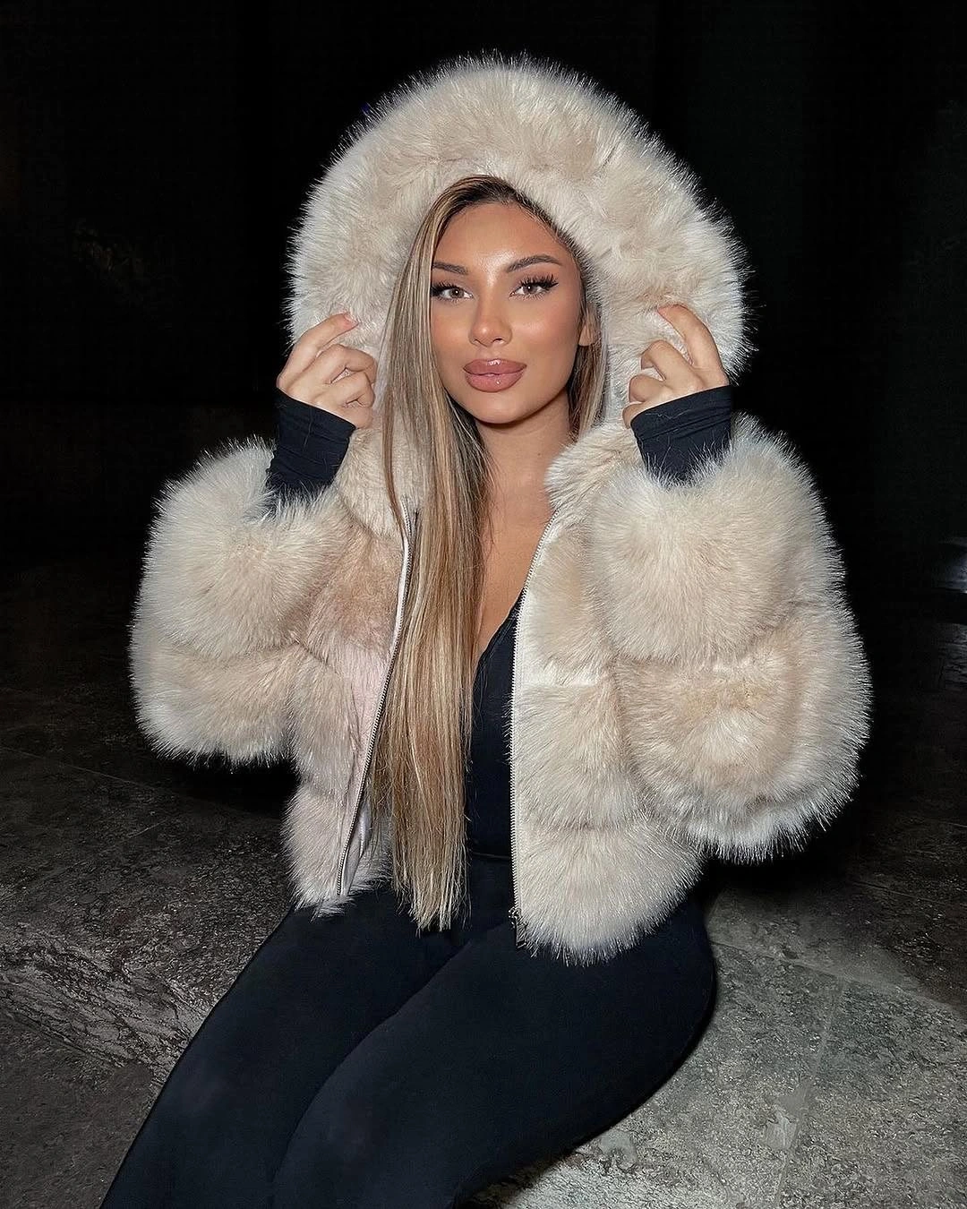 faux fur jacket Cream Hooded Cropped Jacket With Black Leggings