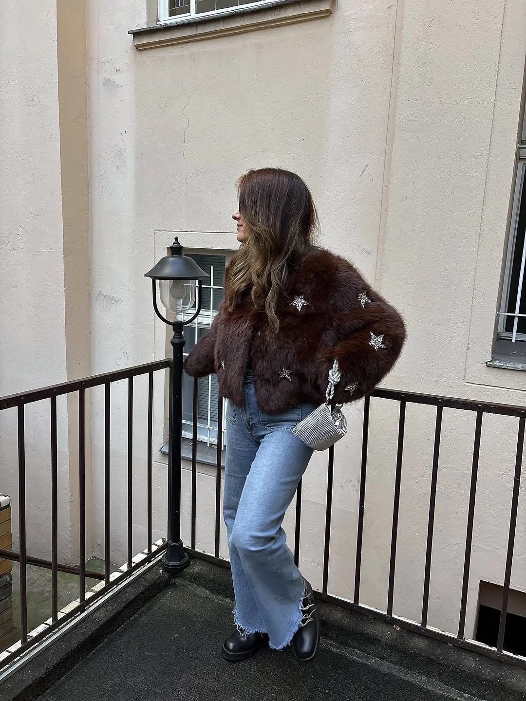 faux fur jacket Dark Brown Jacket With Relaxed Light Jeans