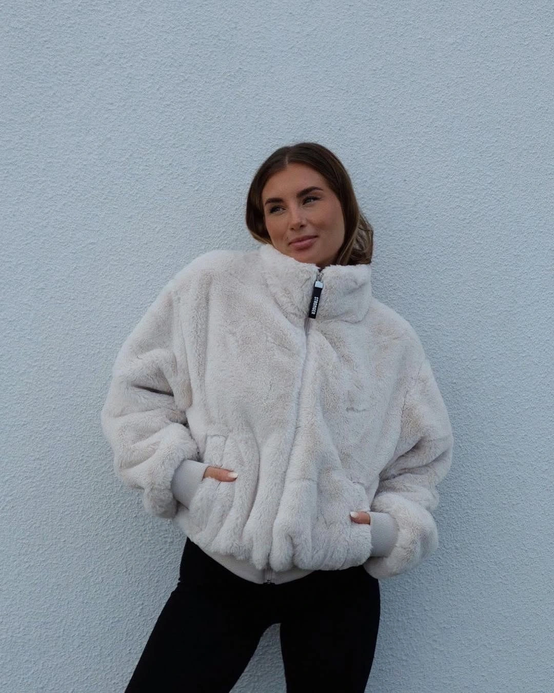 faux fur jacket Oversized White Zip Jacket With Black Pants