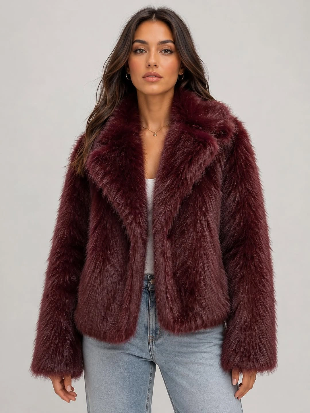 faux fur jacket Burgundy Faux Fur Jacket With Light Denim