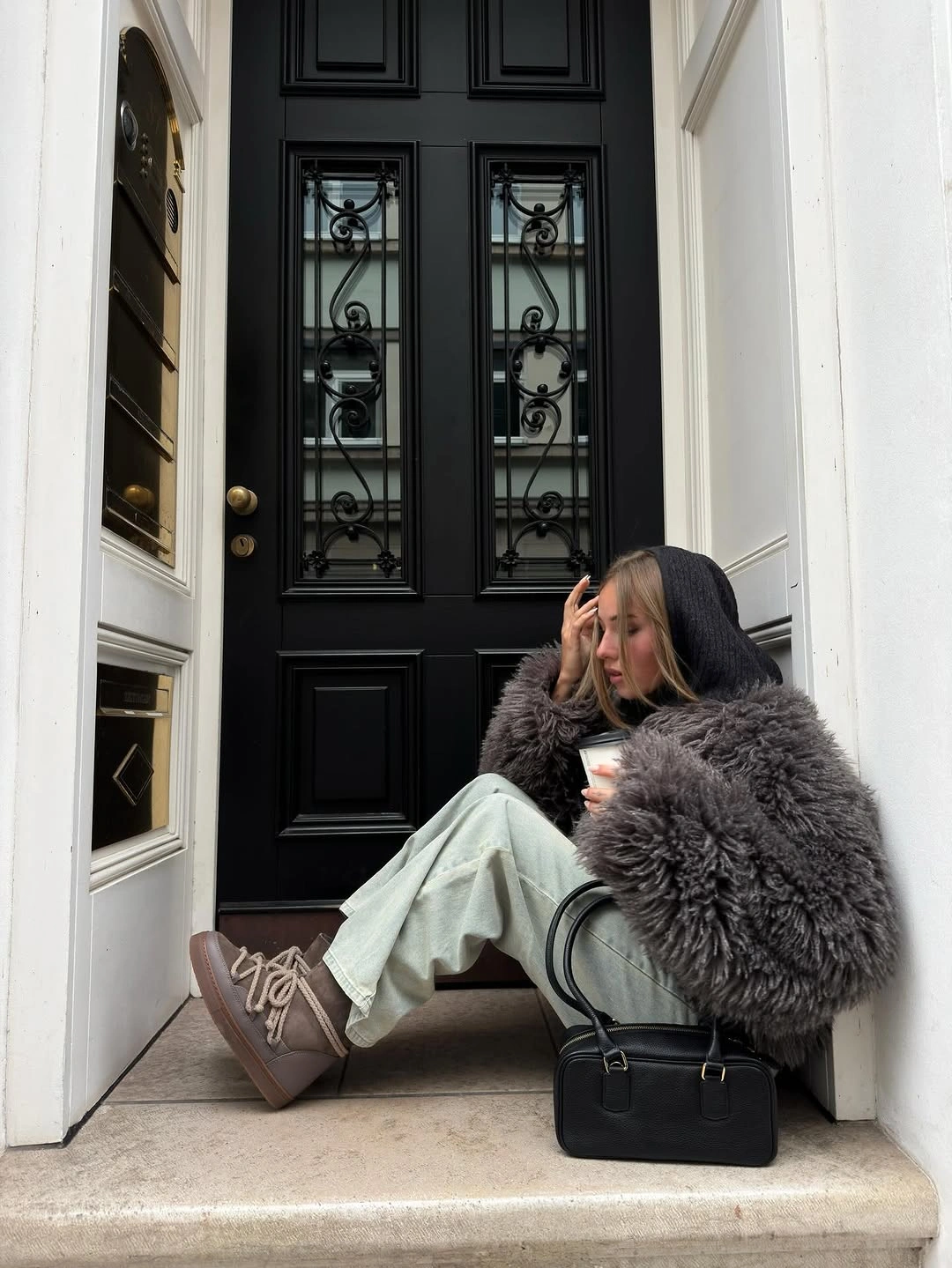 faux fur jacket Grey-Brown Jacket With Mint Pants
