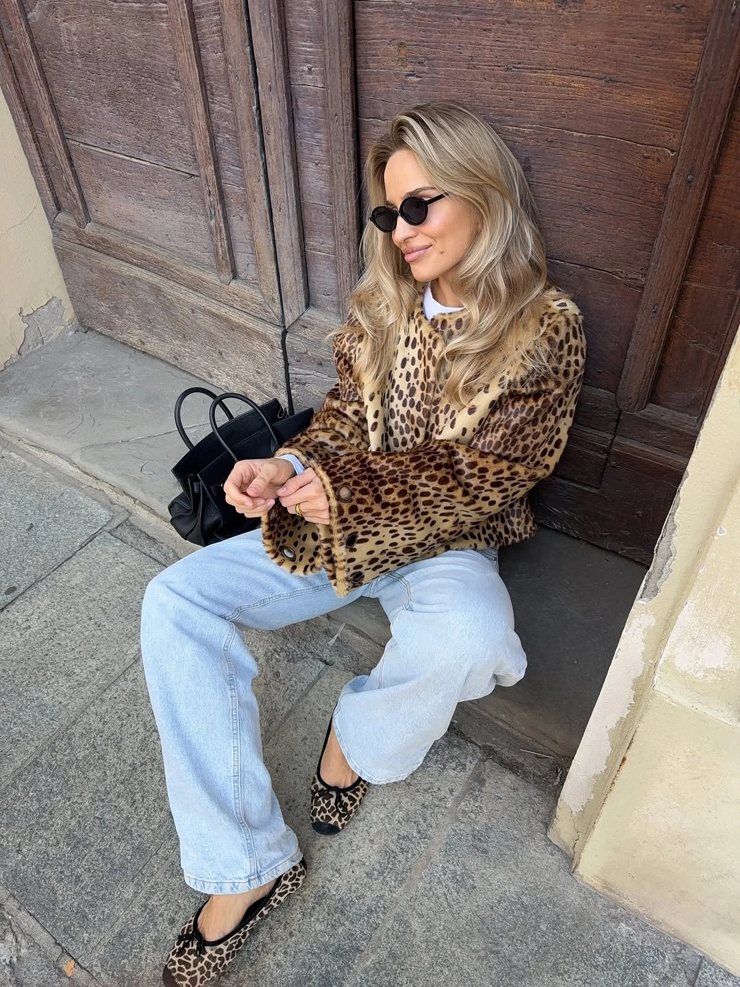 faux fur jacket Leopard Cropped Jacket With Pale Wide Jeans