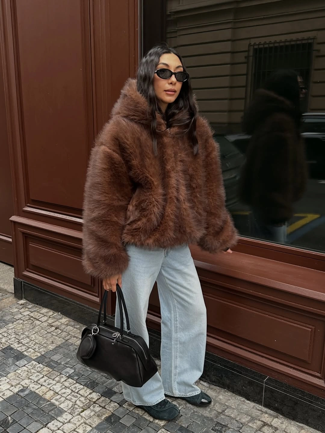 faux fur jacket Brown Faux Fur Jacket With Pale Wide Jeans