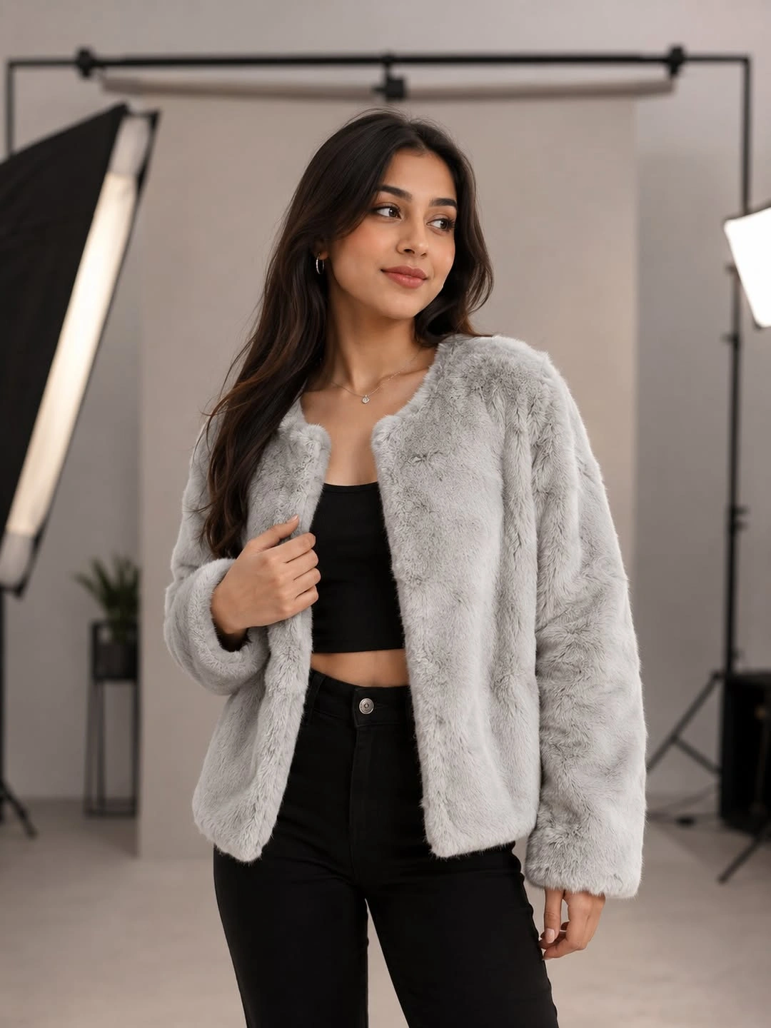 faux fur jacket Light Grey Cropped Jacket With Black Column
