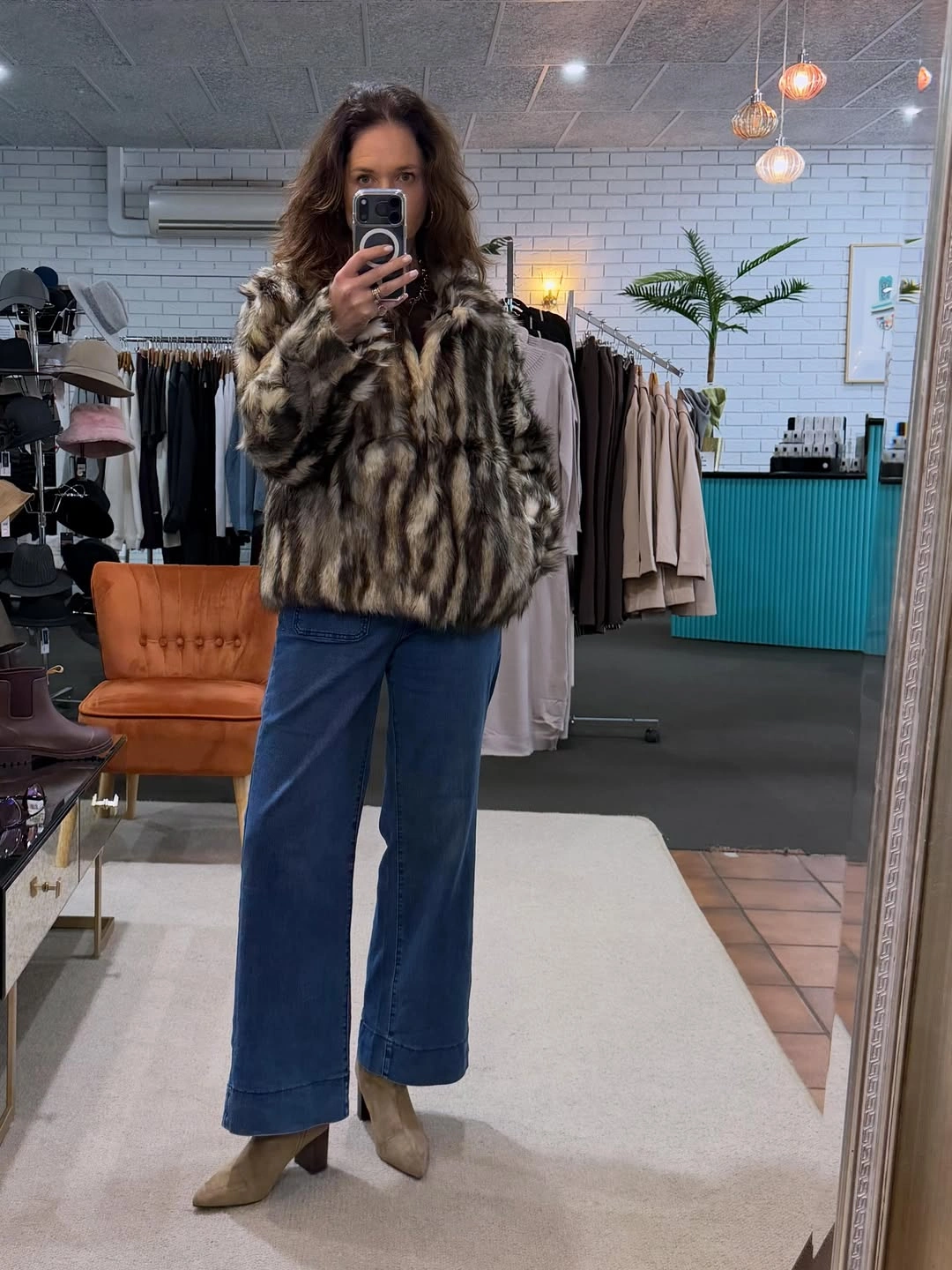 faux fur jacket Short Brown Patterned Jacket With Wide Denim