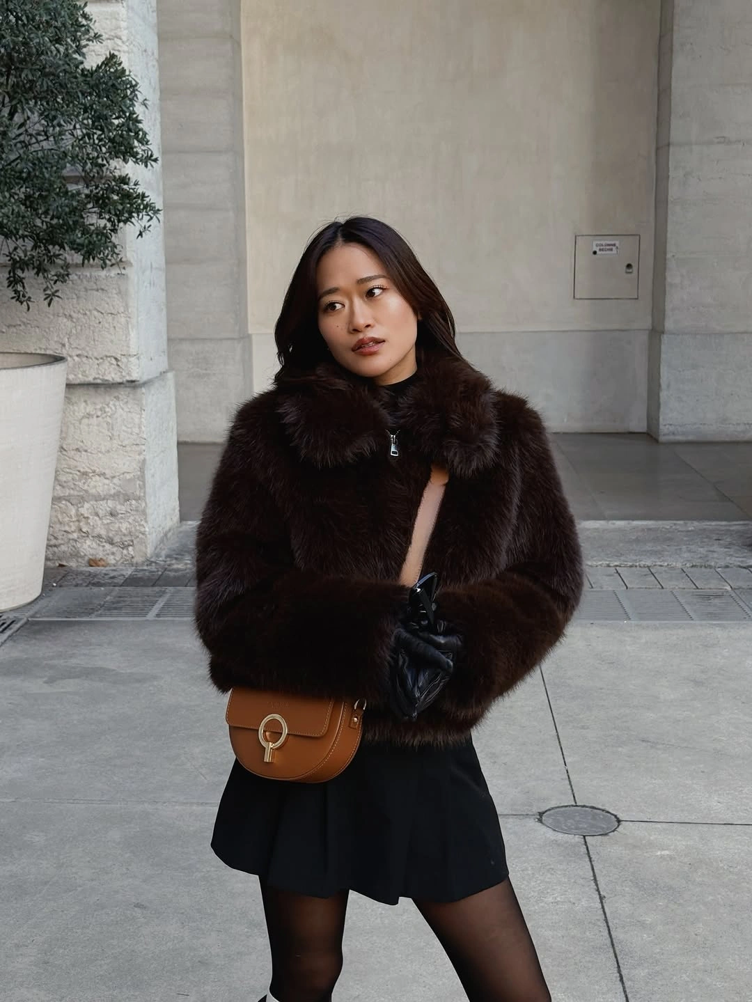 faux fur jacket Dark Brown Jacket With Mini Skirt And Tights