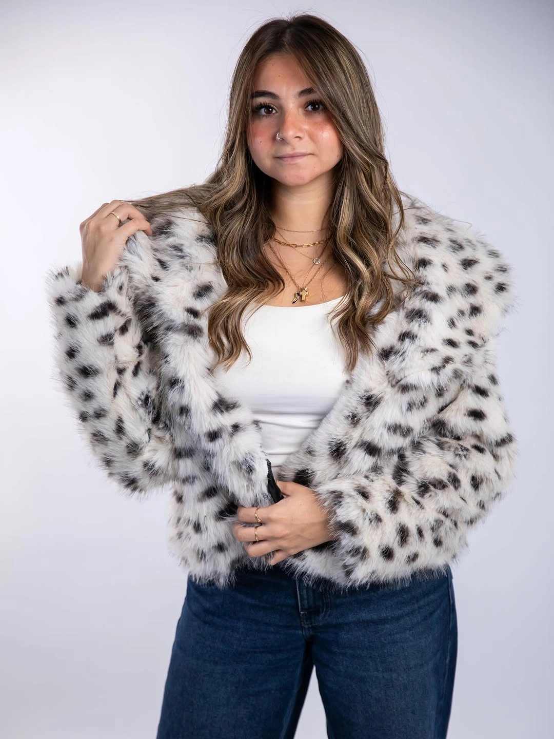 faux fur jacket White Spotted Jacket With Blue Jeans