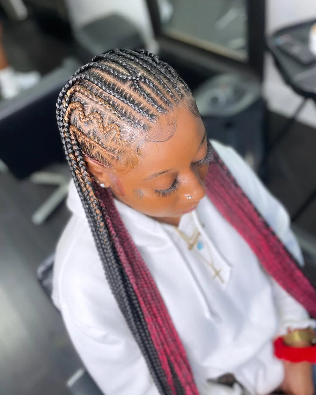 feed in braid hairstyles Creative Feed-In Braids With Burgundy Heart Accent