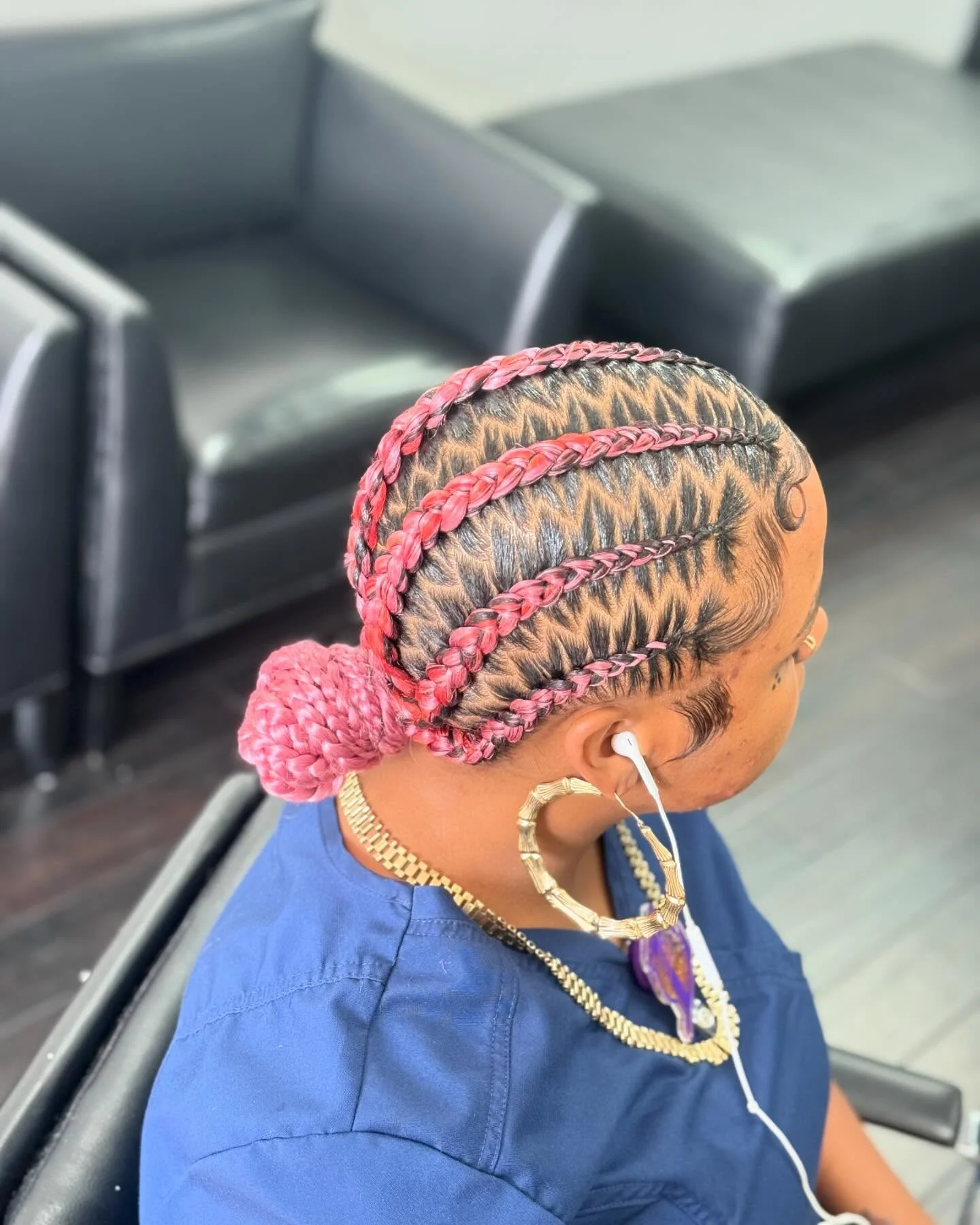 feed in braid hairstyles Rose Pink Braided Bun With Graphic Zigzag Parting