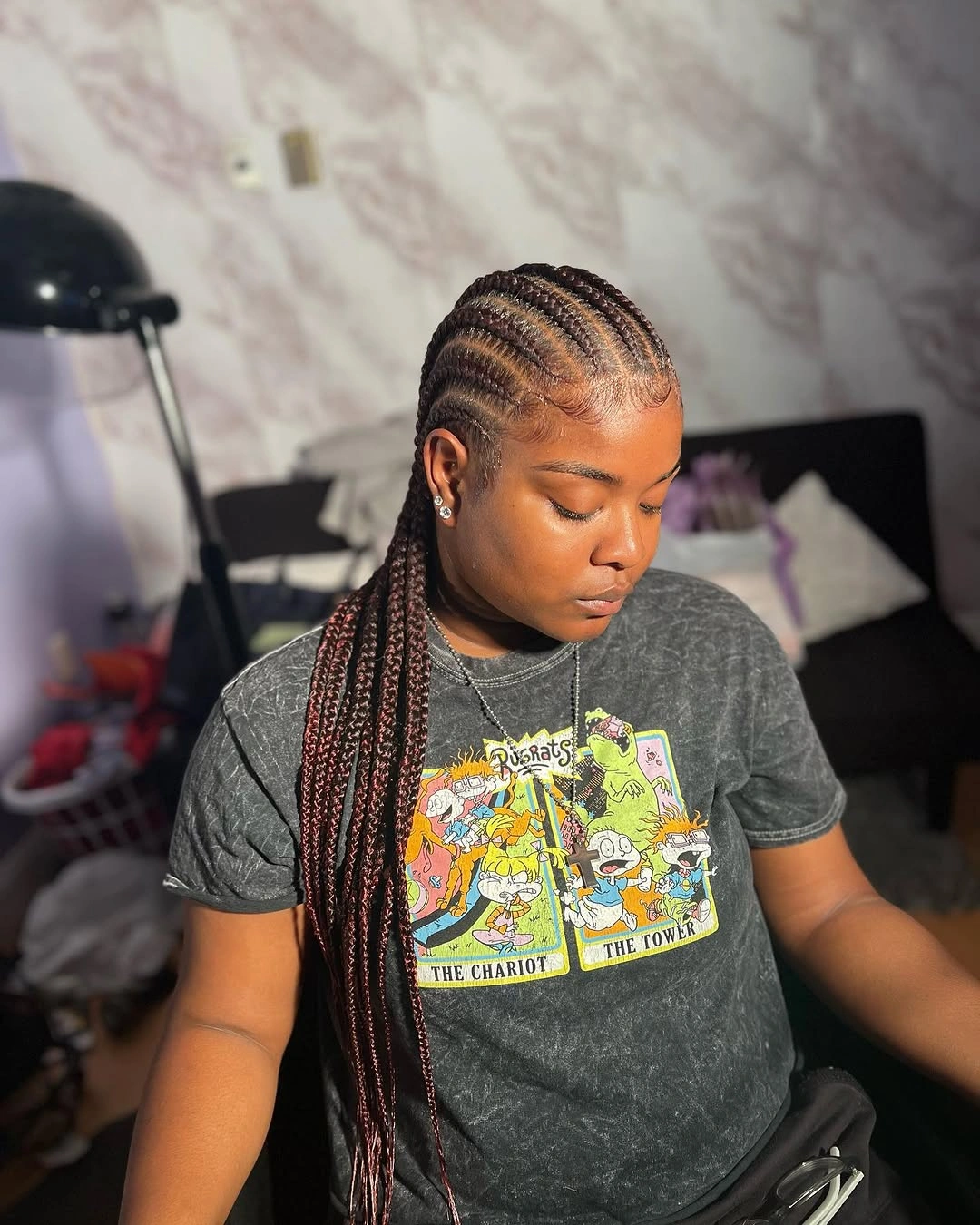 feed in braid hairstyles Deep Burgundy Straight Feed-In Braids With Sleek Finish