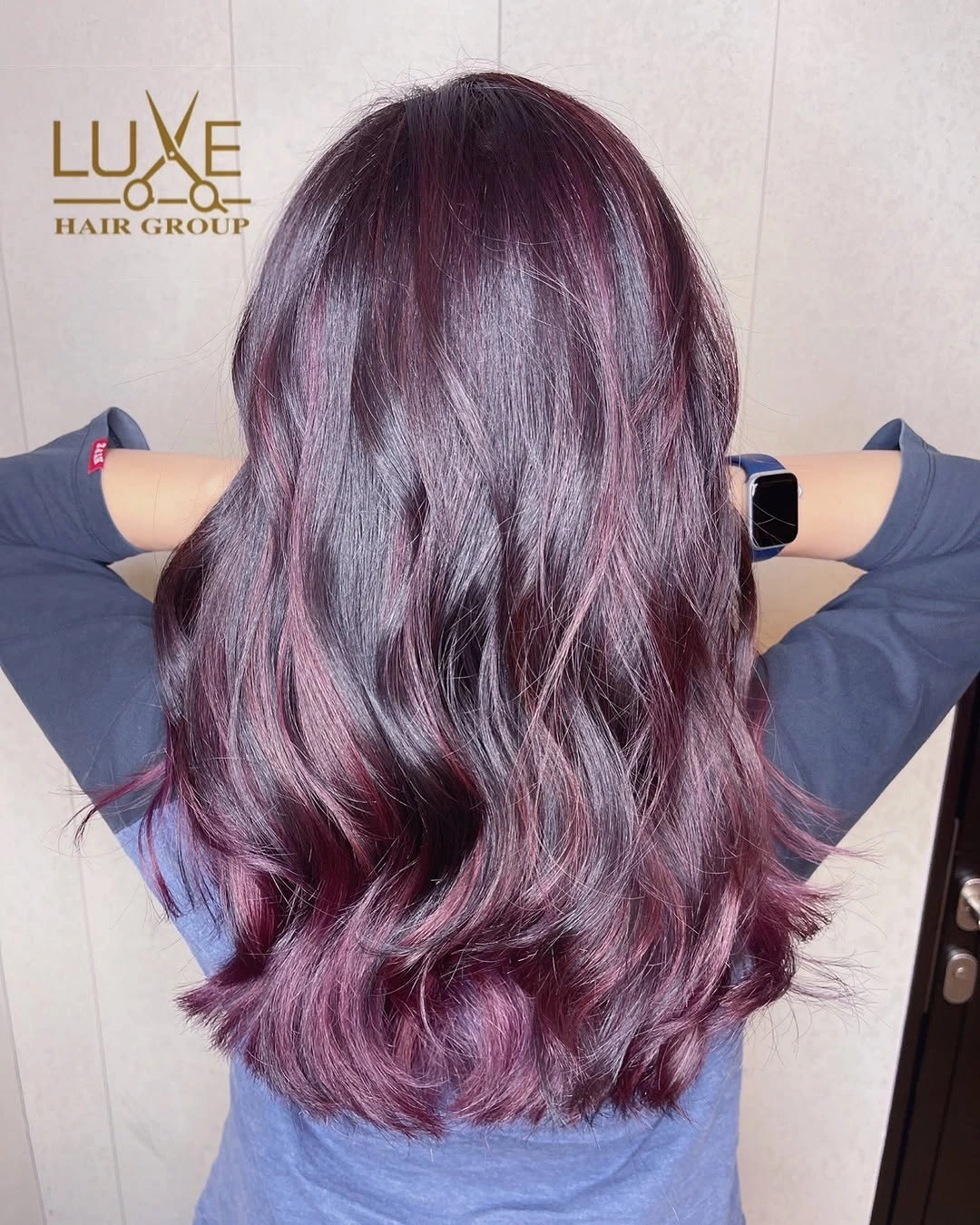 hair lowlights color ideas and inspiration Burgundy Waves With Dark Root Depth