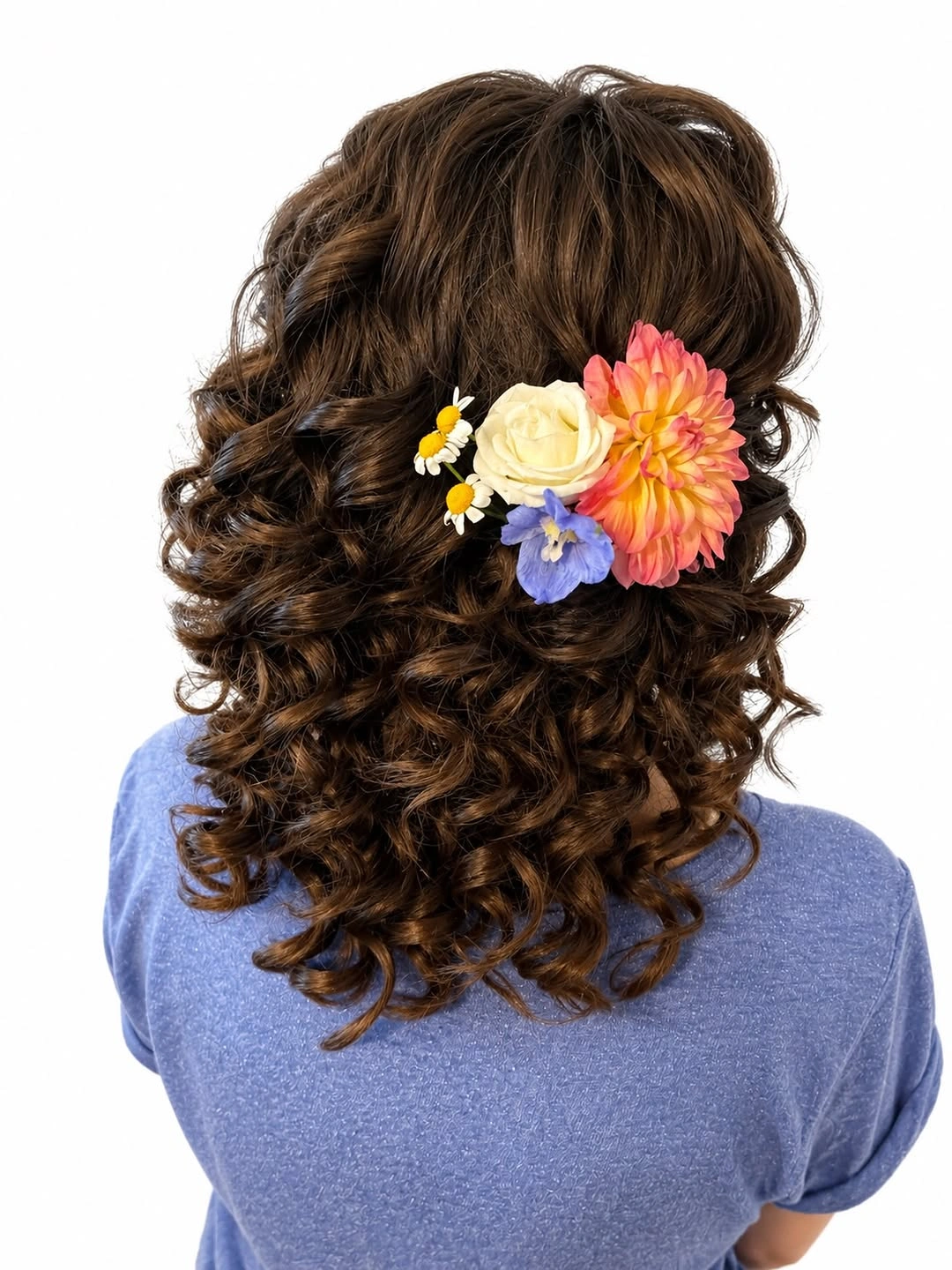 heatless curls hairstyle Romantic Half-Up Curls With Fresh Floral Accents