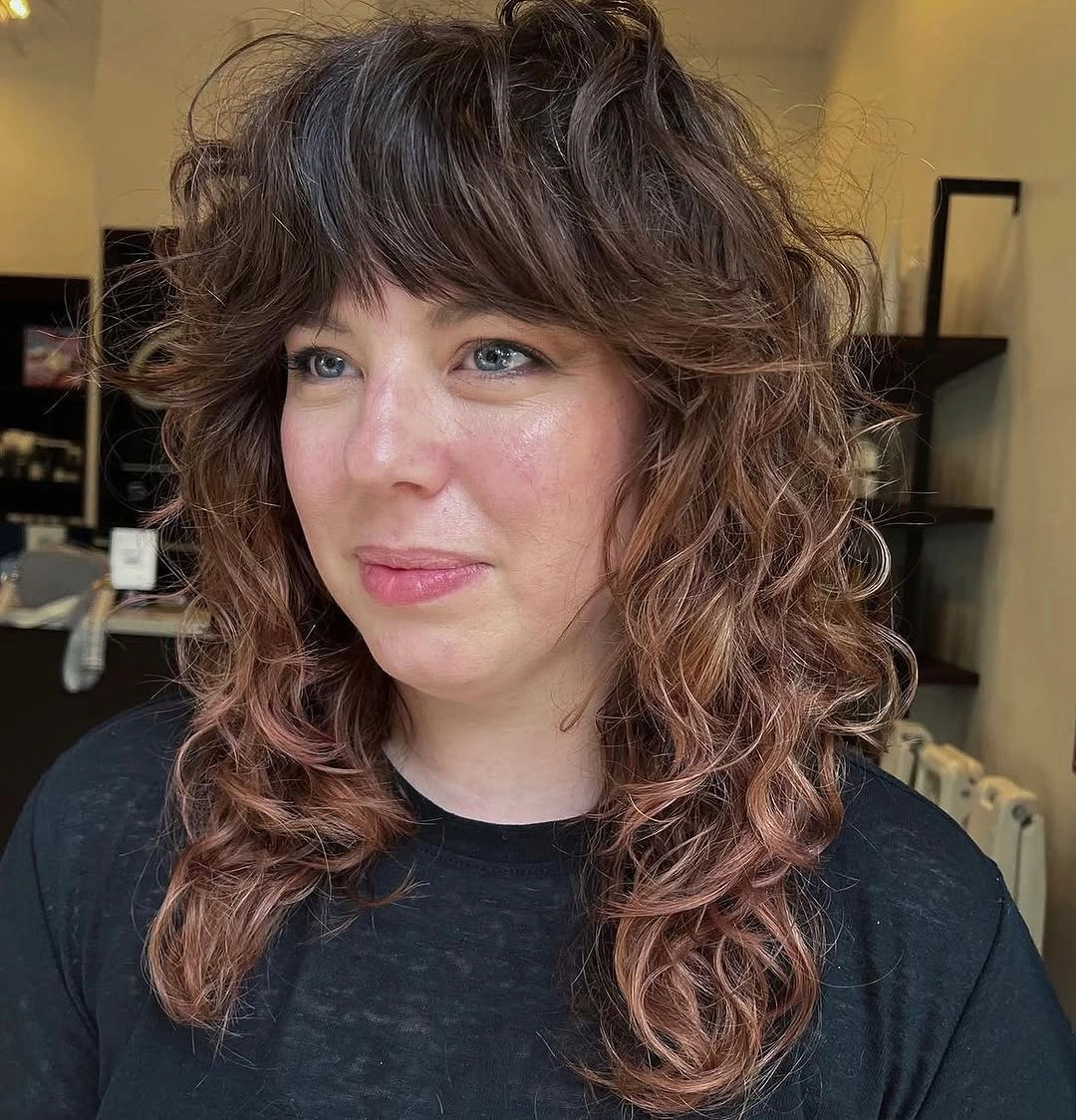 heatless curls hairstyle Layered Copper Brunette Curls With Soft Face-Framing Shape