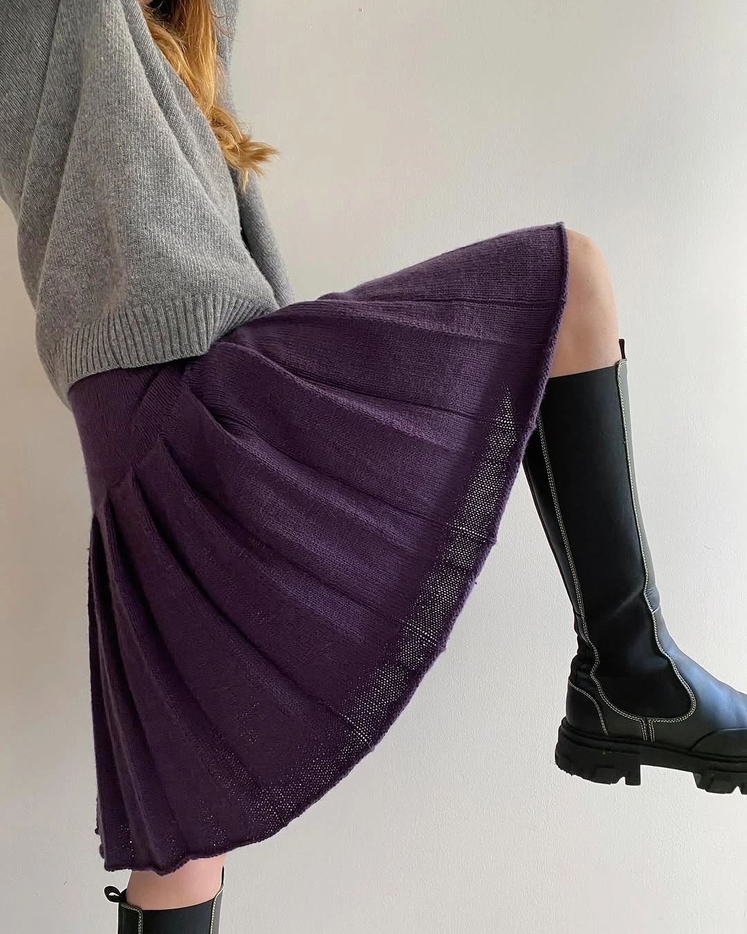knit skirt outfits fall 2026 Rich Plum Knits Meet Bold Autumn Boots