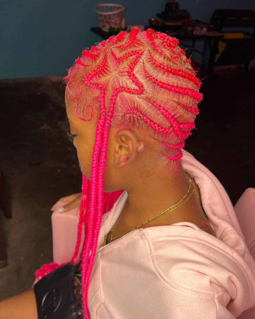 lemonade braid hairstyle Star Pattern Lemonade Braids With Neon Pink Details