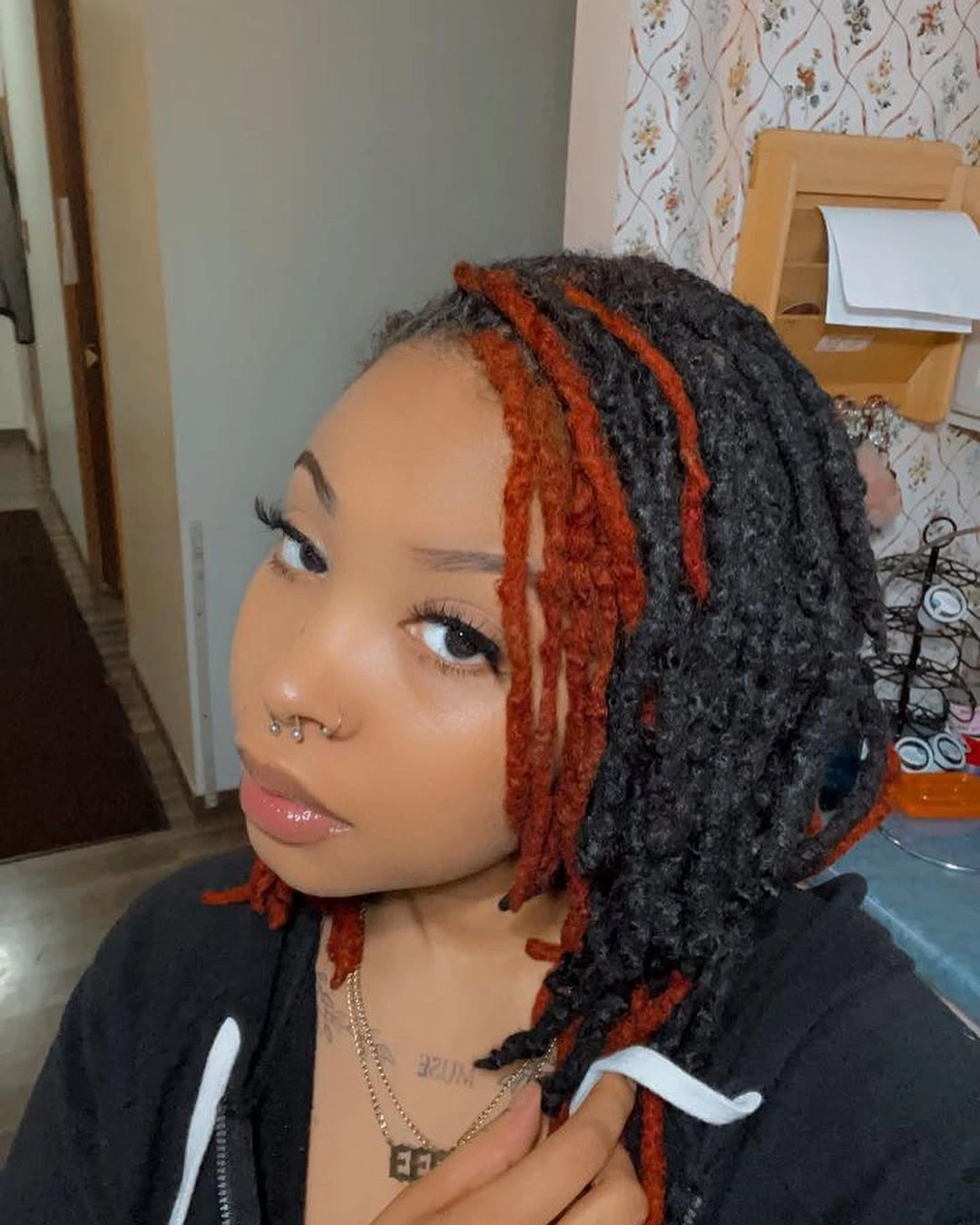 locs hairstyles for black women Black and Copper Locs With Bold Color Blocking