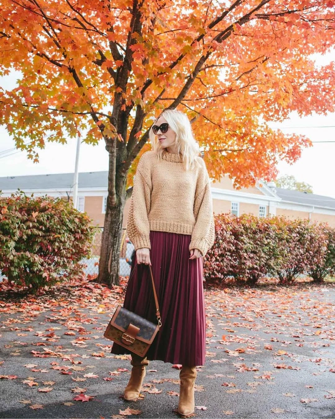 midi skirt fall outfit 2026 Cozy Knitwear Meets a Flowing Pleated Midi