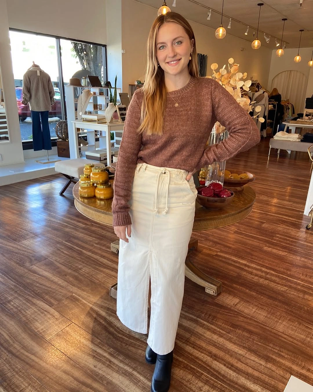 midi skirt fall outfit 2026 Soft Neutral Layers with a Modern Cream Midi