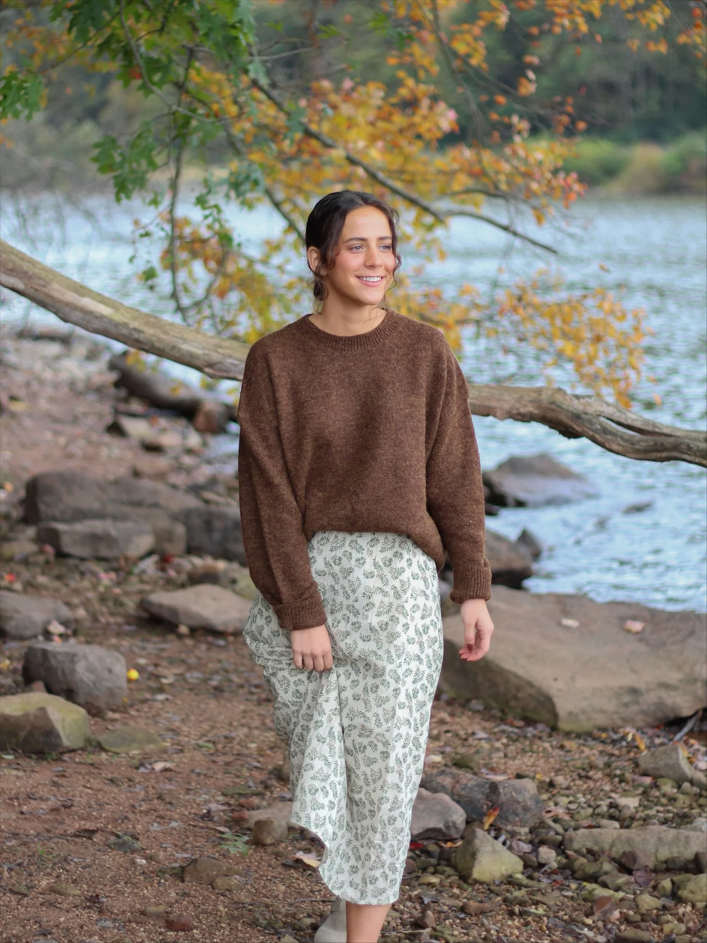 midi skirt fall outfit 2026 Soft Floral Midi Skirts with Cozy Brown Knitwear