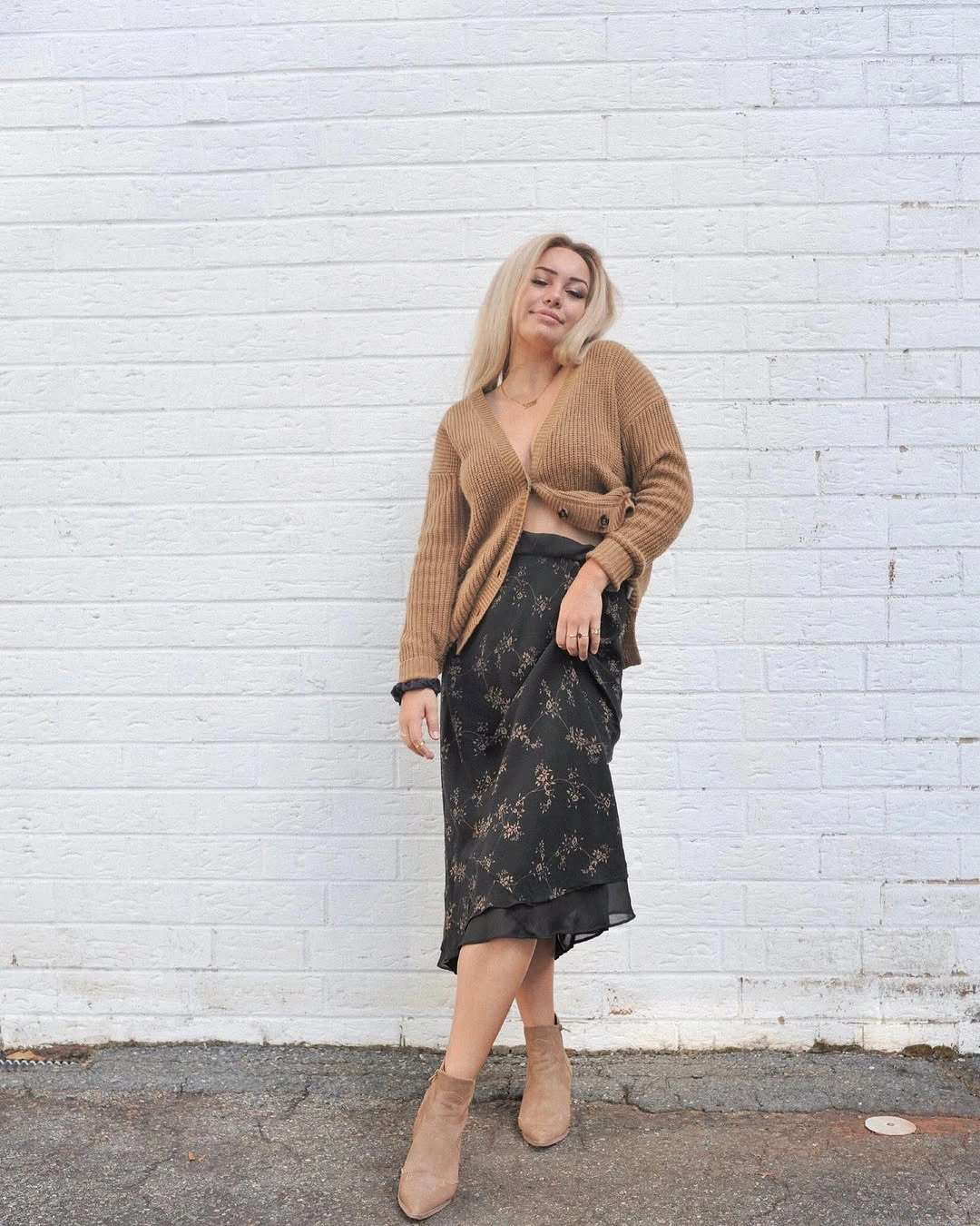 midi skirt fall outfit 2026 Relaxed Cardigan Styling with a Floral Satin Midi