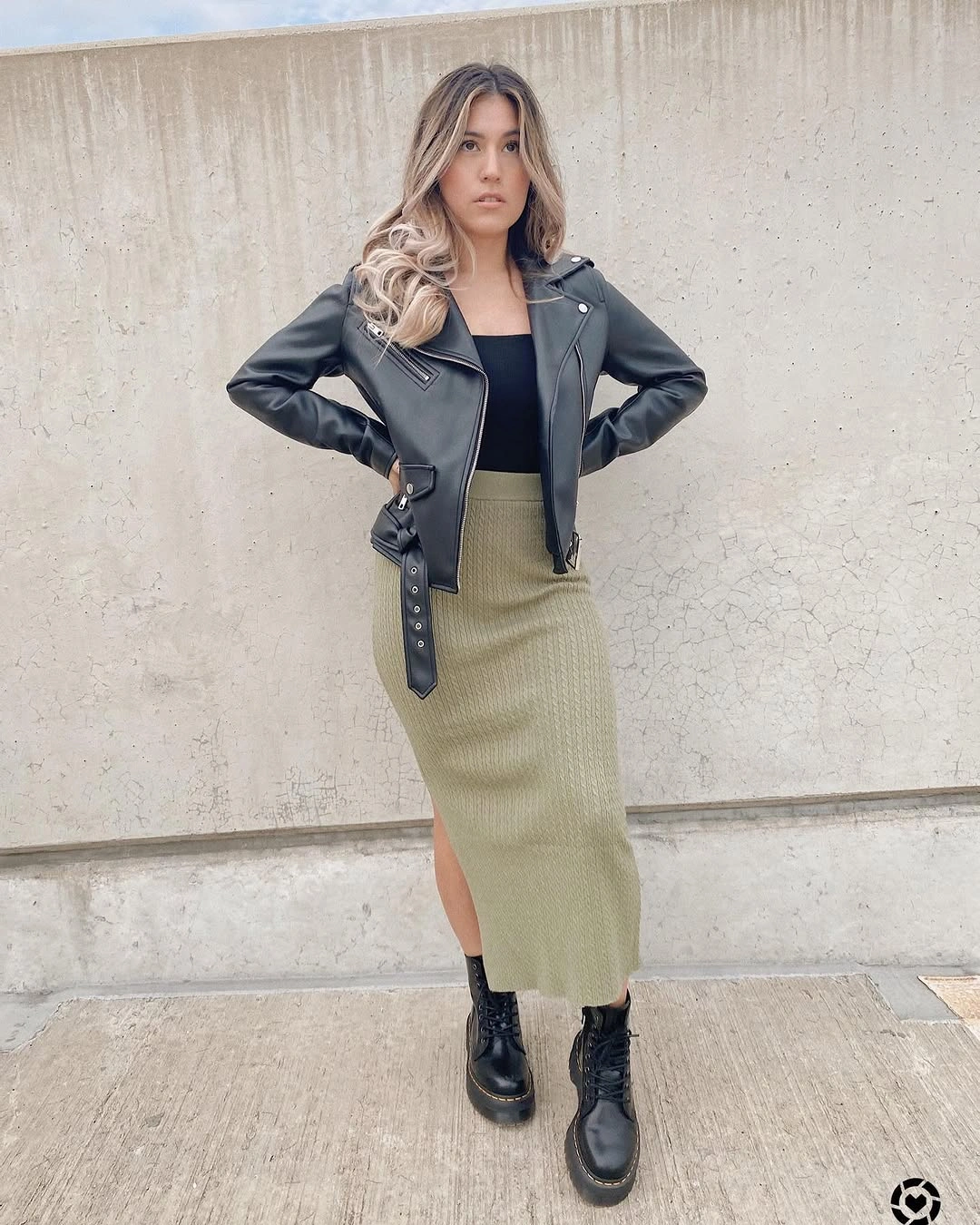 midi skirt fall outfit 2026 Ribbed Olive Midi with a Black Leather Jacket