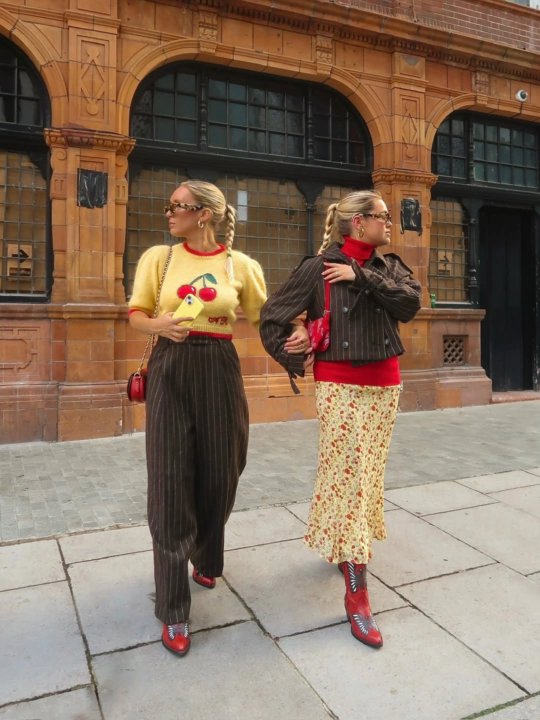 September fashion trends 2026 Yellow Graphic Sweater With Patterned Skirts