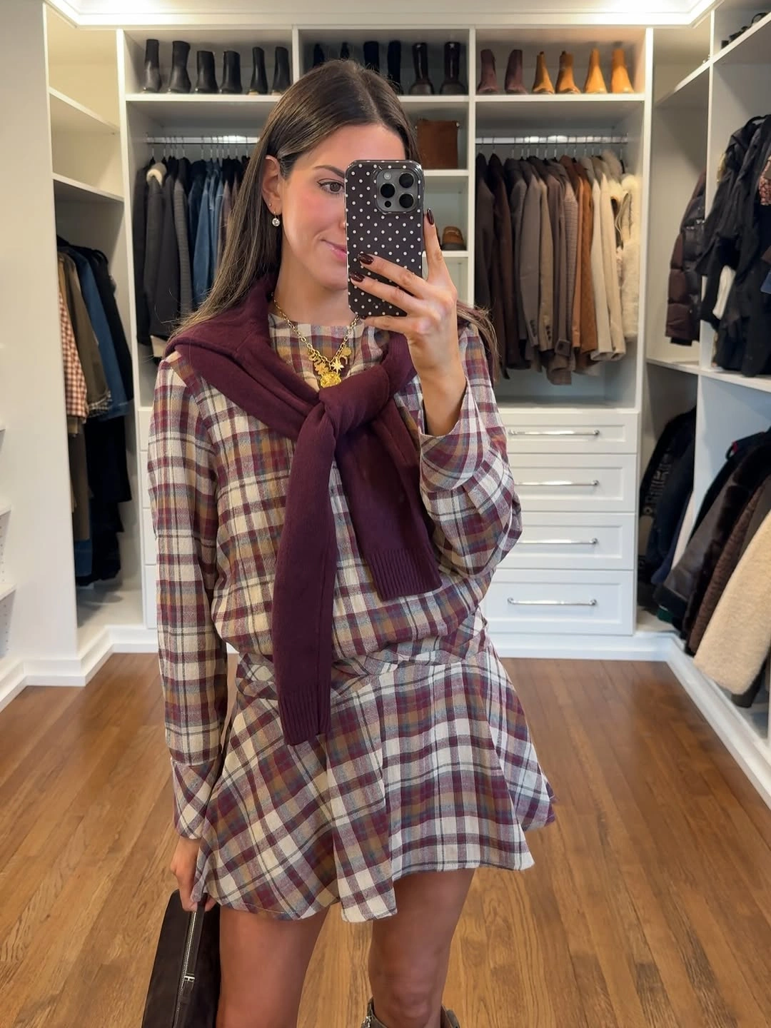 September fashion trends 2026 Plaid Mini Dress With Burgundy Shoulder Sweater