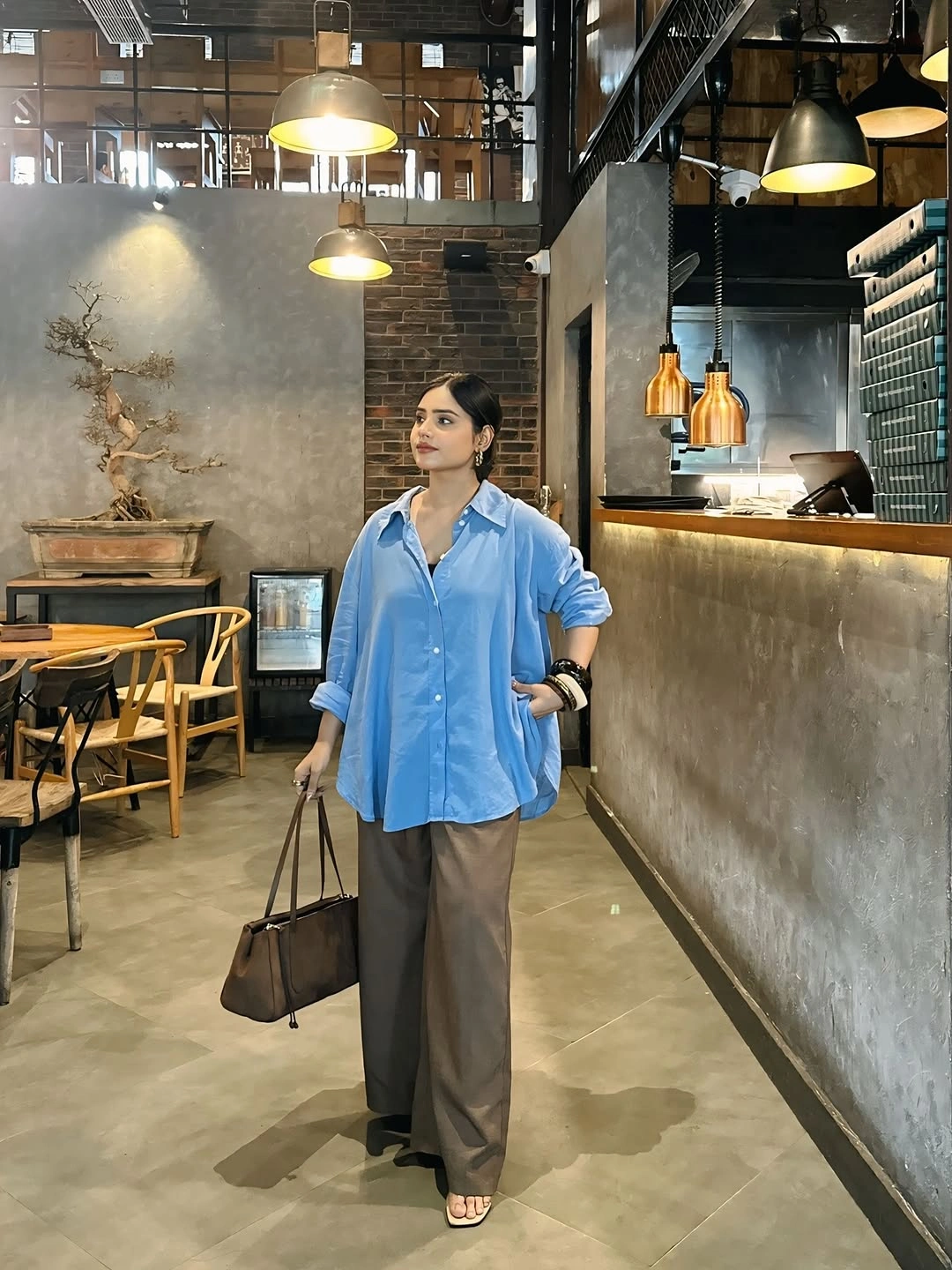 September fashion trends 2026 Blue Button Down With Brown Wide Trousers