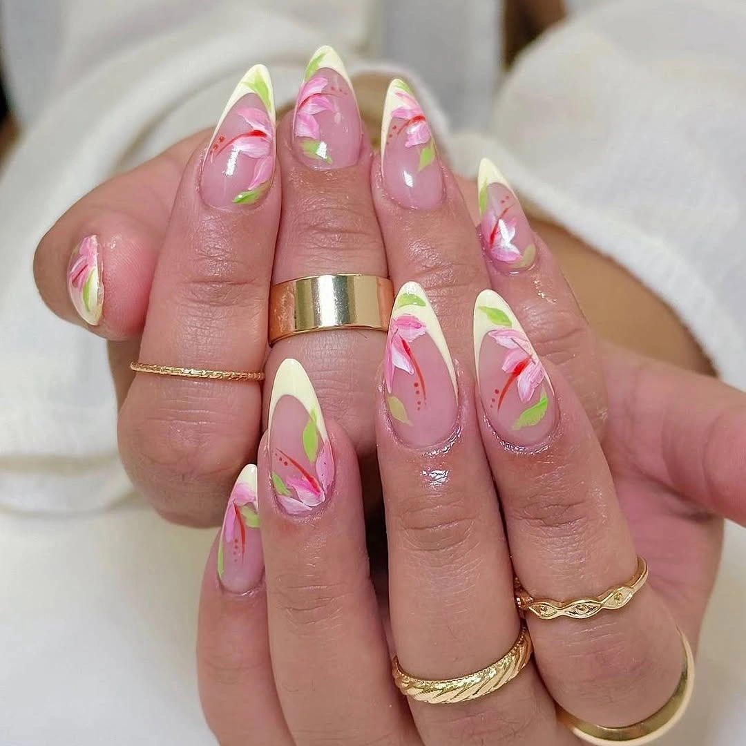 September nail art ideas 2026 Pink Almond Nails With Lime Leaf Strokes
