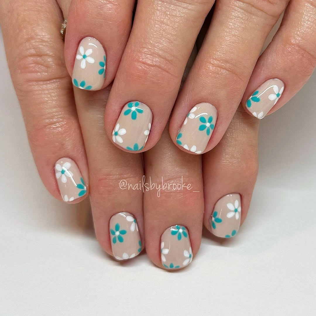 September nail art ideas 2026 Turquoise Flower Dots On Short Nude Nails